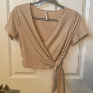 Color Thread Ribbed Beige Wrap Crop Top
